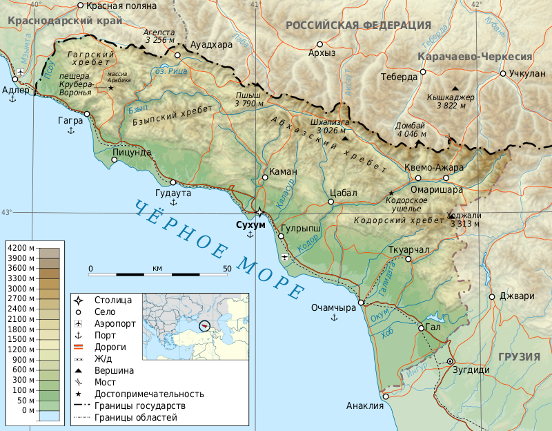 Топографическая карта Абхазии