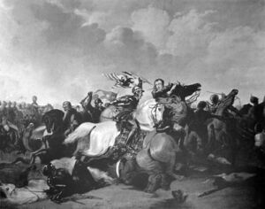 Схватка короля Ричарда III и Генриха Тюдора в центре битвы. Иллюстрация Абрахама Купера из книги «British Artists and War» (картина была создана в 1859 году).