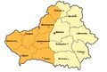 Западная Белоруссия в 1944 г. (отмечена оранжевым). На её территории находятся вновь образованные области: полностью Гродненская и частично — Полоцкая.