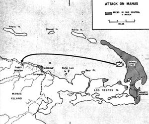 Крупномасштабная карта, на которой отмечена территория, контролируемая американцами на Лос-Негросе. Стрелкой обозначена атака через гавань японских позиций на острове Манус.