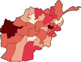 Карта распространения COVID-19 в Афганистане (по состоянию на 5 мая):      Нет подтверждённых случаев      1–9 подтверждённых случаев      10–19 подтверждённых случаев      20-49 подтверждённых случаев      50-99 подтверждённых случаев      ≥100 подтверждённых случаев
