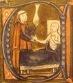Европейское изображение персидского врача Разеса, держащего сосуд (matula) для сбора мочи, 1250—1260