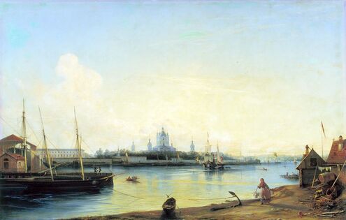 Вид на Смольный собор со стороны Большой Охты (А.П. Боголюбов, 1851)