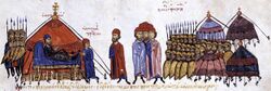 Алусиан (в центре) предстает перед Петром II Деляном и болгарским лагерем. Миниатюра из «Мадридского Скилица».