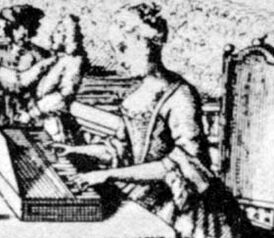Фрагмент гравюры 1736 года. Предполагается, что за клавикордом изображена Анна Магдалена Бах[1].