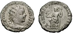 Антониниан с портретом Пакациана, выпущенный в честь тысячелетия Рима