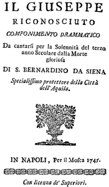 Antonio Ferradini - Il Giuseppe riconosciuto - titlepage of the libretto - Naples 1745.png