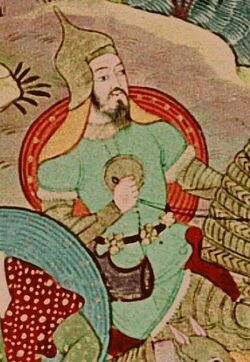 Фрагмент миниатюры Ариг-Буга побеждает Алгу. Могольское издание Джами ат-таварих, 1596 год