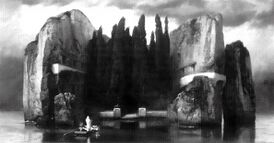 Репродукция картины Арнольда Бёклина «Остров мёртвых». По свидетельству Рахманинова, его вдохновила именно чёрно-белая копия, а не оригинал