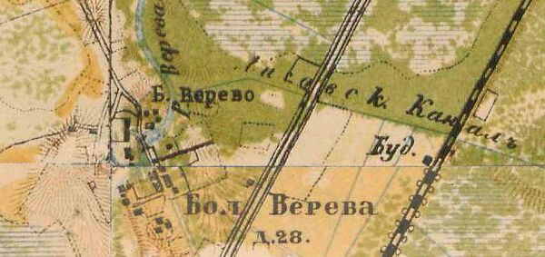 Деревня Большое Верево на карте 1885 года