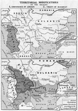Границы балканских государств после Бухарестского мирного договора (нижняя карта)