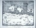 Забор из колючей проволоки, сторожевая вышка и бараки в Компьень. 1942. Бейт Лохамей ха-геттаот (Израиль)