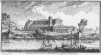 Базилика Сан-Паоло-фуори-ле-Мура с берега Тибра. Гравюра Дж. Вази. 1754