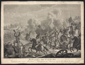 Sepia print of «Batalha do Vimeiro» shows a battle scene with a British flag in the center.