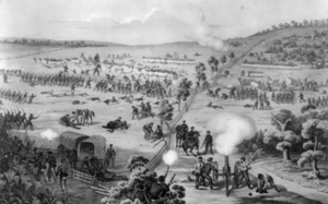 23-й и 12-й Огайские полки атакуют позиции 23-го и 12-го Северокаролинских полков бригады Гарланда. Литография 1864 года.