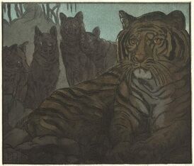 Иллюстрация французского издания «Книги джунглей» 1924 года. Шер-Хан на скале совета
