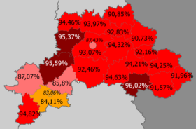 Доля белорусов по районам     >95%     90–95%     85—90%     <85%