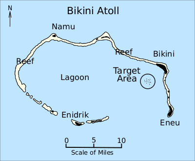Карта атолла Бикини, выделена целевая зона.