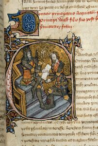 Эдуард Чёрный Принц получает титул герцога Аквитании от короля-отца. Инициал «E» в рукописи 1390 г.