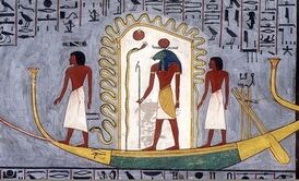 Мехен, извивающийся вокруг Хнума-Ра. Фреска из гробницы Рамсеса I (KV16)