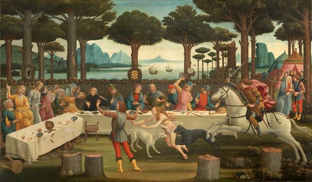Роща пиний под Равенной на картине Боттичелли (ок. 1483 г.), иллюстрирующей 3-й эпизод новеллы «История Настаджио дельи Онести»