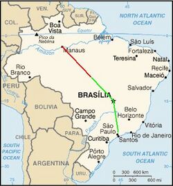 A map of Brazil with the approximate flight paths plotted on it in as red and green lines. The paths meet at the collision point, about half way between Brasilia and Manaus.