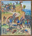 Битва при Бринье. Миниатюра из хроник Жана Фруассара, около 1470 года. На убитом французе посредине хорошо виден латный набрюшник с юбкой и бригандным нагрудником.