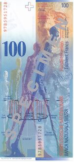 Изображение скульптуры на швейцарской банкноте 100 франков