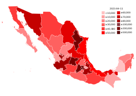 Всего подтверждённых случаев на территории Мексики:      1—10 подтверждённых случаев      11—50 подтверждённых случаев      51—100 подтверждённых случаев      101—250 подтверждённых случаев      251—500 подтверждённых случаев      501—1000 подтверждённых случаев      1001—5000 подтверждённых случаев