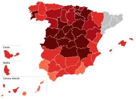 Подтверждённые случаи заболевания по провинциям Испании (на 1 млн жителей):      менее 99     100—249     250—499     500—999     1000—2999     3000—4999     Более 5000