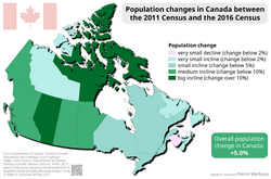 Изменение численности населения Канады с 2011 по 2016 год