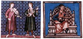 Две миниатюры из Las Cantigas de Santa Maria (XIII c.), иллюстрирующие два способа игры на смычковых: слева da braccio, справа — da gamba