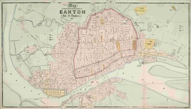 Карта «Города и всех пригородов Кантона», составленная Вруманом 1860 года, одна из первых, сделанных после Тяньцзиньского и Пекинского договоров разрешил иностранцам полный доступ в город-крепость Гуанчжоу