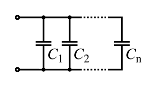 A diagram of several capacitors, side by side, both leads of each connected to the same wires.