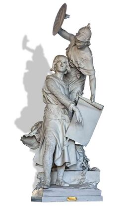 Раймунд VI сообщает городу Тулузе в 1218 году о смерти Симона де Монфора и подтверждает свободы, дарованные городу его предками. Статуя работы Ж.-Ж. Лабатю (1894) в зале Капитолия, Тулуза