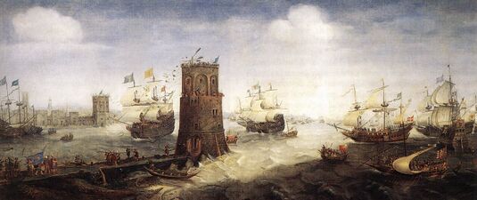 Голландские рыцари прорывают цепь, которая защищает гавань (слева) при осаде Дамиетты