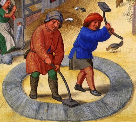 Чесание шерсти. Фрагмент миниатюры «Ноябрь» из «Da Costa Hours» Симона Бенинга. Бельгия, ок. 1515
