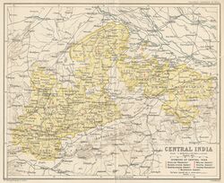 Агентство Центральной Индии в 1909 году. Земли княжества Индаур разбросаны вдоль его южной границы, ниже и правее цифры "6" на карте.