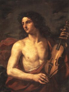 A young man with long flowing hair, bare chested, holds a stringed instrument in his left hand, while looking way to the left with a soulful expression.