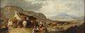 Горный пейзаж с людьми и домашними животными у хижины, до 1870