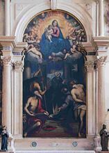 Мадонна с Младенцем, Святым Бенедиктом и святыми. Алтарная картина церкви Сан-Заккариа в Венеции. 1605