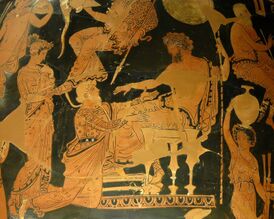 Хрис умоляет Агамемнона отдать ему дочь. Краснофигурная вазопись на кратере 360—350 годов до н. э. Лувр, Париж