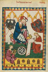 Изображение трёхглавого орла с двумя головами на концах крыльев использовал в качестве герба немецкий поэт Рейнмар фон Цветер (1200—1248). Иллюстрация из Манесского кодекса (ок. 1300 г.).