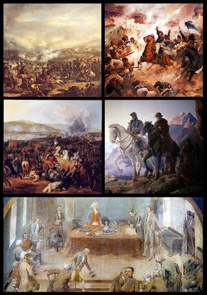 Основные события чилийской войны за независимость (сверху вниз слева направо): битва при Эль-Робле, битва при Ранкагуа, битва при Майпу, Переход через Анды, Первая хунта