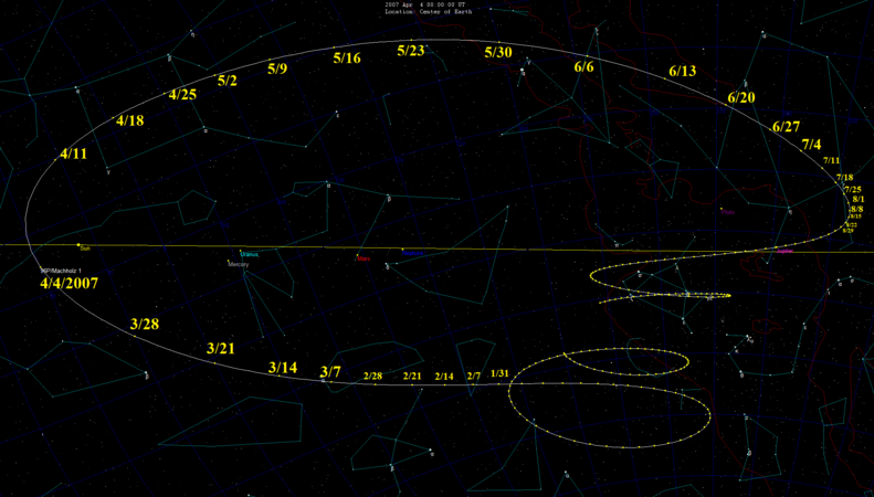 Звёздная карта перигелия 2007 года. Комета наблюдалась со 2 по 6 апреля, 4 апреля 2007 года, яркость кометы составила 2,0 m[11][12][13]