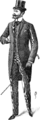 Мужской костюм для официальных выходов днём состоит из визитки, жилета с небольшим вырезом и брюк с отутюженными складками и скрытой застёжкой. Его дополняет рубашка с высоким воротником, цилиндр и перчатки. 1906 год.