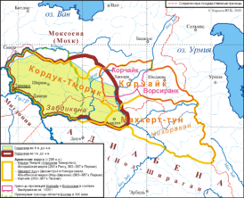 Примерные границы Кордуены во II (зелёной заливкой) и I (коричневые границы) веках до н. э.