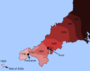 A colour-coded map of Cornwall, surrounded by a blue sea. Cornwall is shaded dark red in the east and pale pink in the west, with a range of intermediate shades of red between, intended to represent periods of time in which the Cornish language was used.