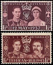 Почтовая марка Великобритании (Георг VI и Елизавета, 1937)  (Sc #234) и германская марка-пародия (Георг VI и Иосиф Сталин; над британской королевской короной Звезда Давида, 1944)