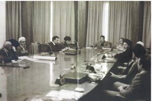Council of the Islamic Revolution - From left Mehdi Bazargan, Mohammad-Reza Mahdavi Kani, Yadollah Sahabi, Ali Khamenei, Abolhassan Banisadr (Head of council), Hassan Habibi, Abdul-Karim Mousavi Ardebili.jpg